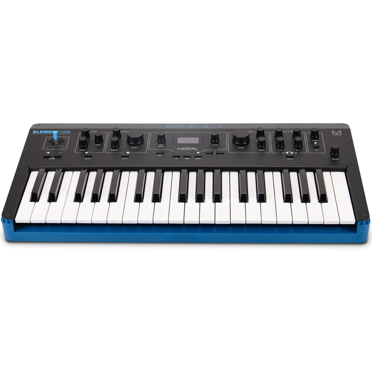Modal Electronics Element One keyboard synthesizer with black keys and control knobs, showcasing its compact electronic music instrument.