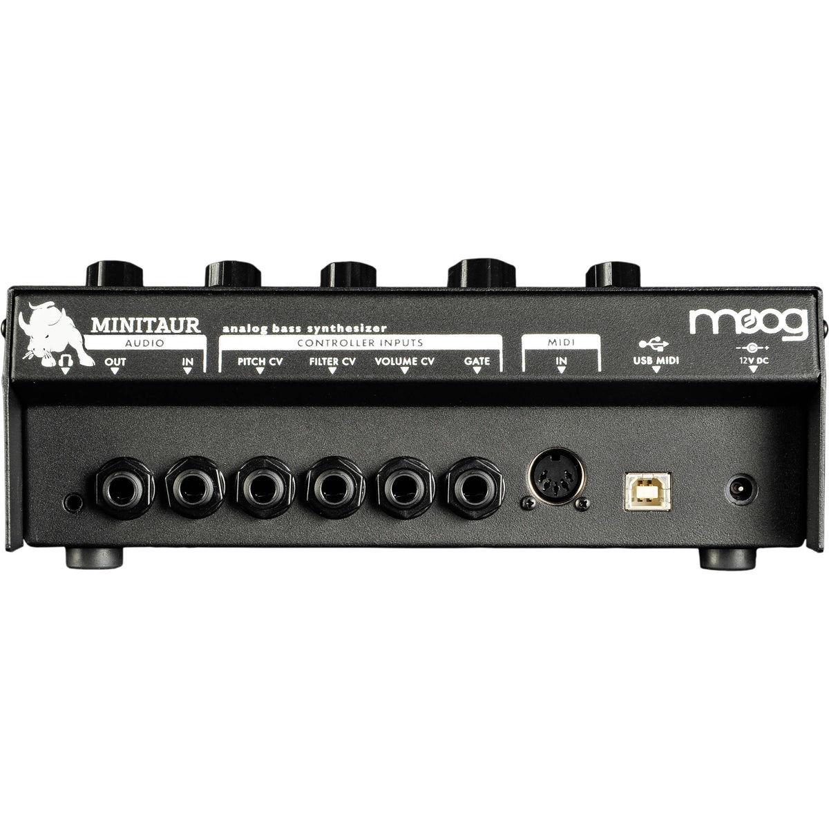 Moog Minitaur synthesizer with black compact design and control knobs, ideal for bass sound creation.