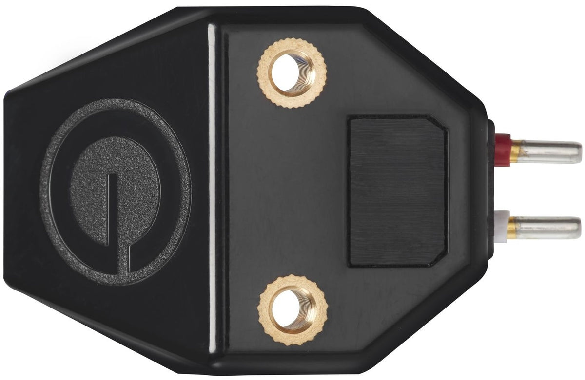 Goldring E4 turntable cartridge mounted on a turntable, showcasing its gold-colored stylus and cartridge body for high-quality vinyl playback.