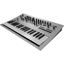 Korg Minilogue synthesizer with black control panel, knobs, and keyboard, showing front view of this compact analog synth.