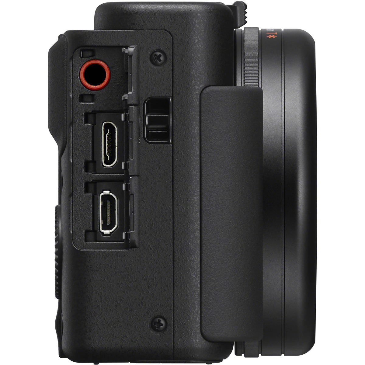 Sony ZV-1 video camera with compact design, front lens and controls visible, ideal for vlogging and high-quality video recording.