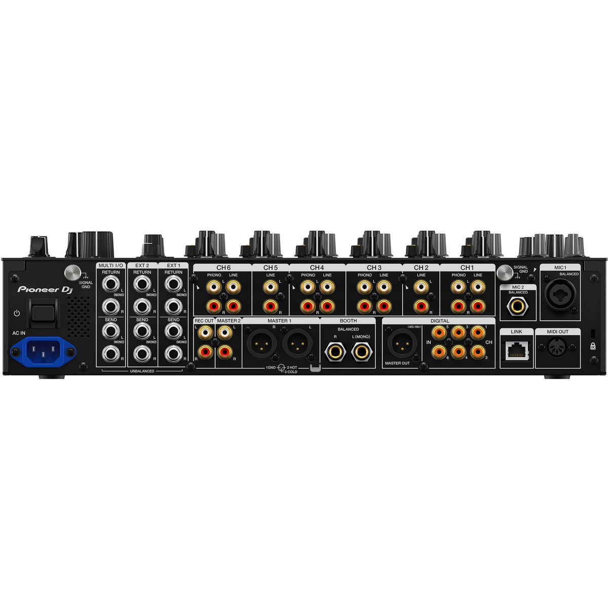 Pioneer DJM-V10-LF DJ mixer with multiple channels, colorful LED meters, and professional controls for DJ performances.