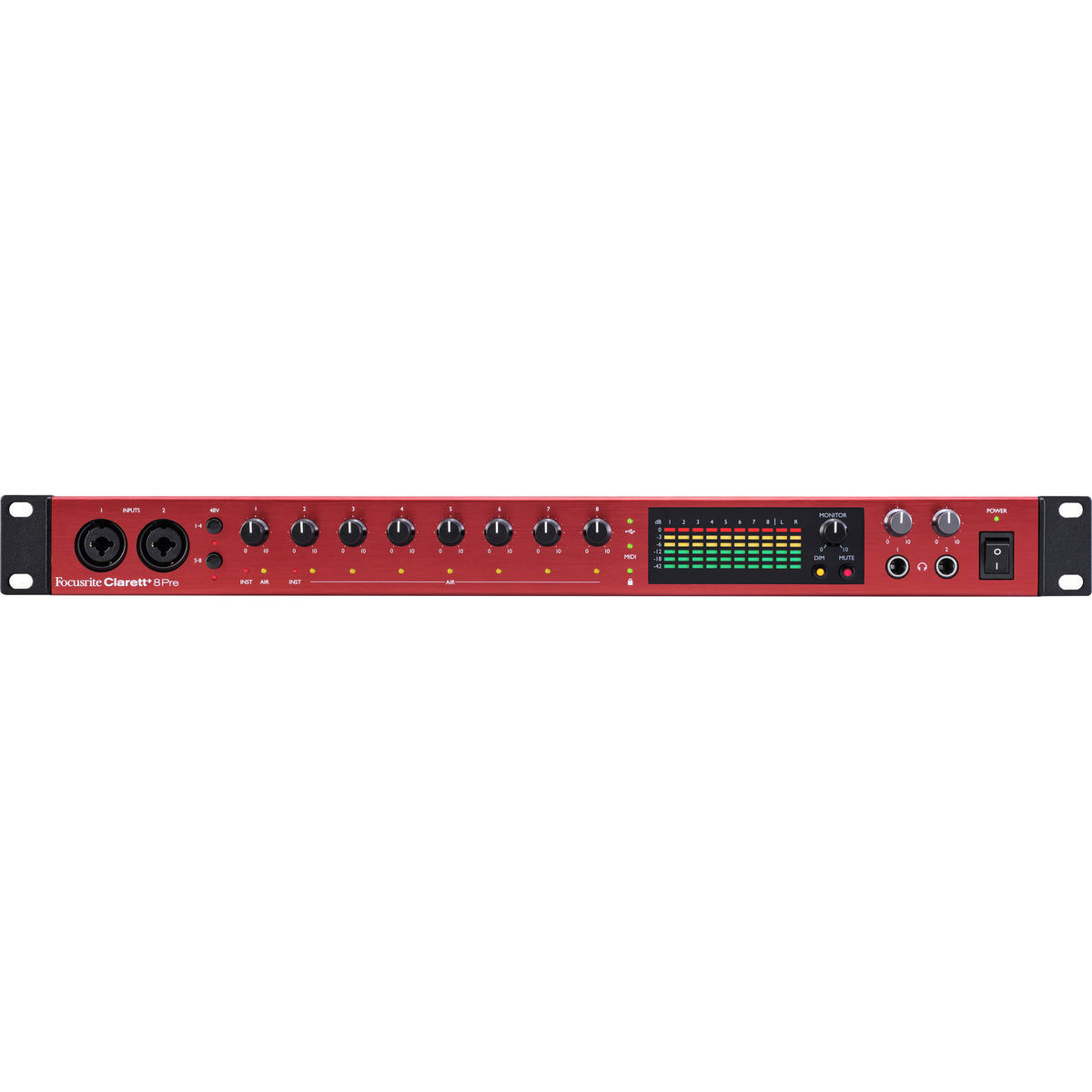Focusrite Clarett+ 8Pre audio interface with multiple input and output ports, professional-grade audio equipment for music production.