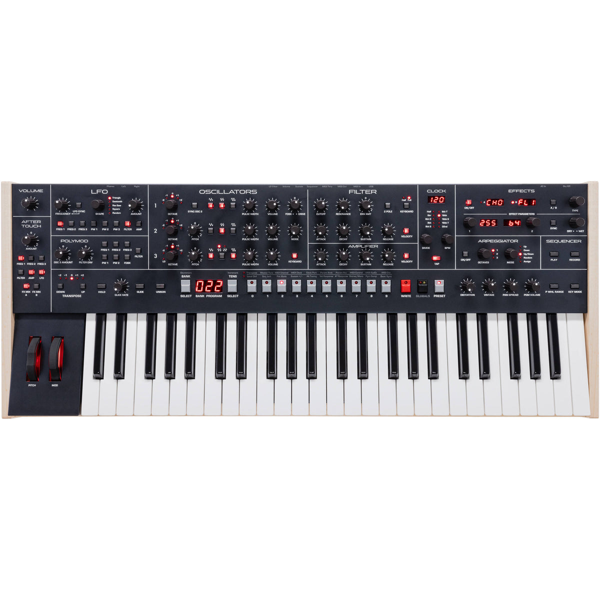Sequential Trigon-6 synthesizer with digital interface, featuring multiple knobs and buttons for sound modulation and control.