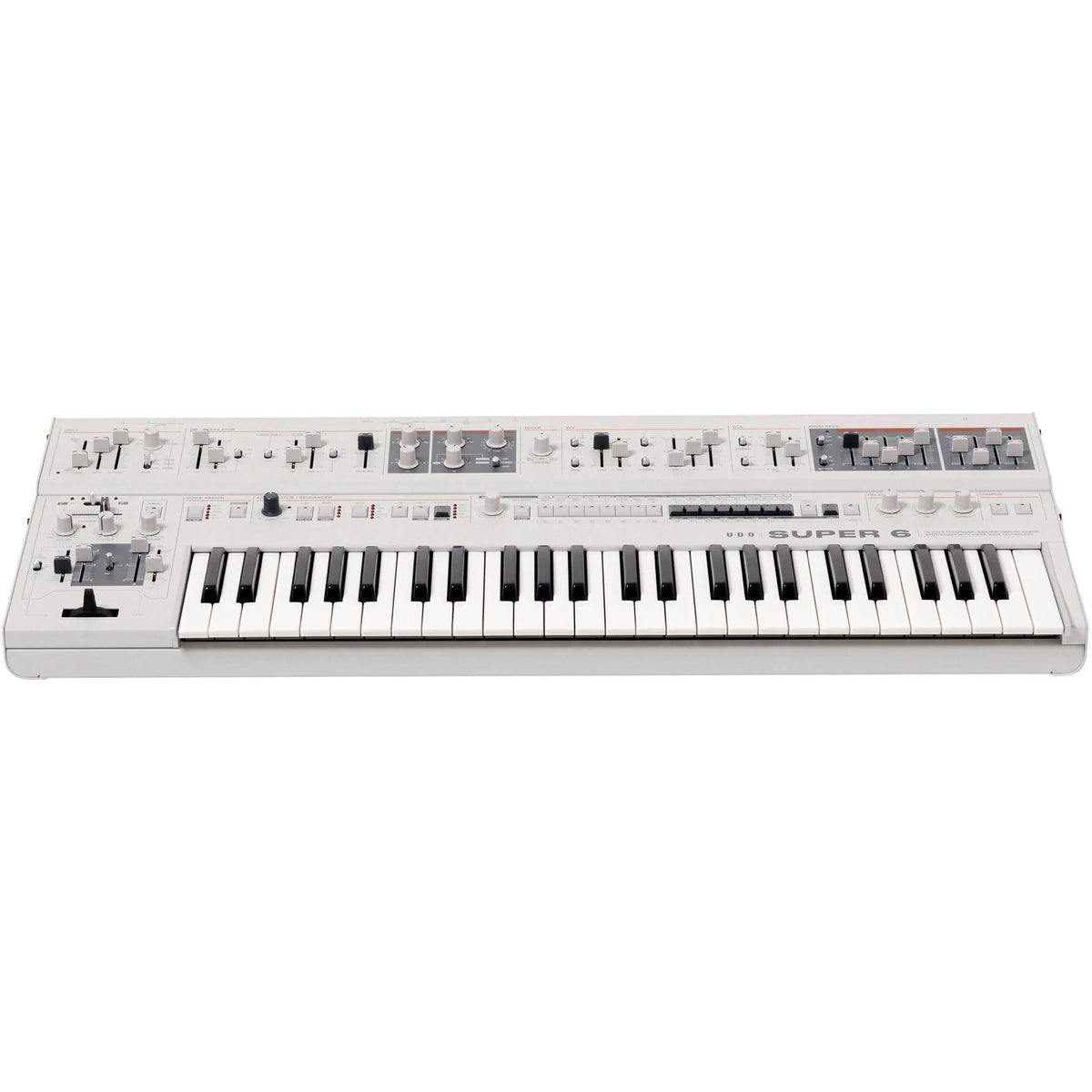 UDO Audio Super 6 synthesizer keyboard with multiple control knobs and a digital display, designed for music production.