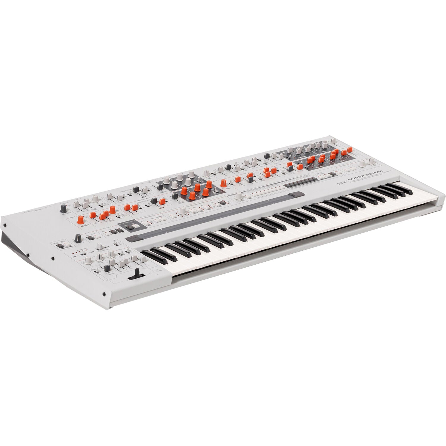 UDO Audio Super Gemini synthesizer with vintage-style controls and modern design, featuring multiple knobs and input/output ports.