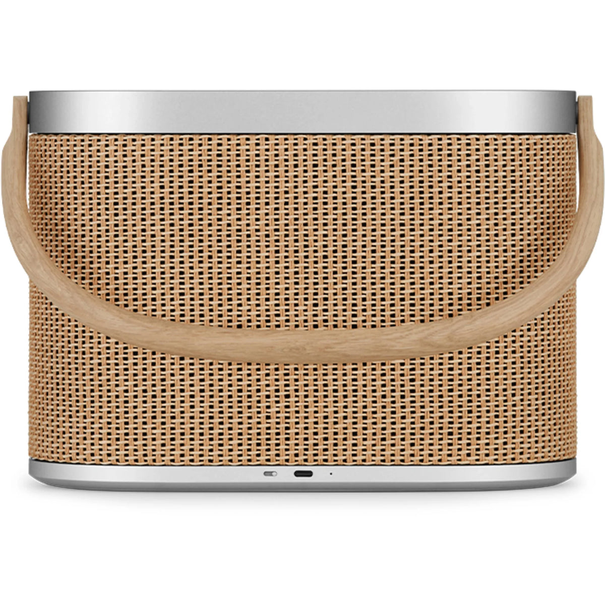 Bang & Olufsen Beosound A5 portable speaker showing its sleek design and fabric covering on a neutral background.