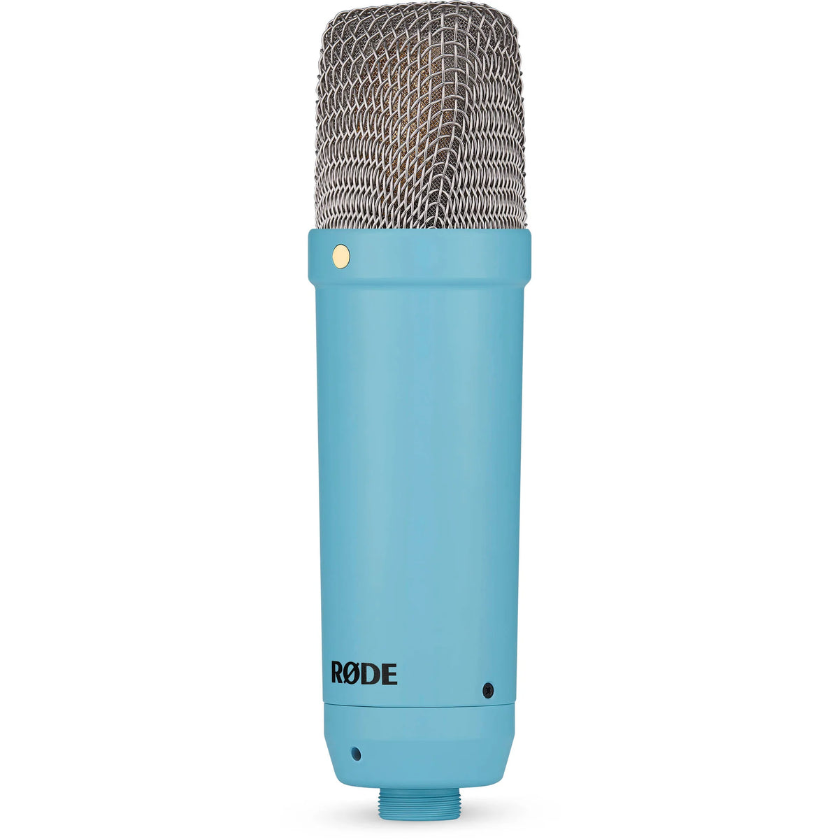 Rode NT1 Signature Series condenser microphone with silver finish, shown on a stand with a black shock mount and grille.