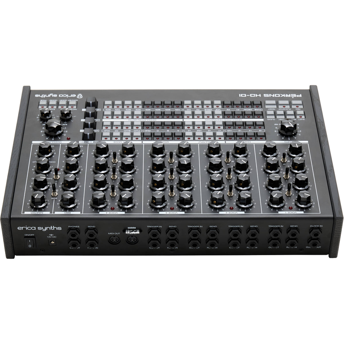 Erica Synths Perkons HD-01 drum machine and sampler with knobs and buttons, compact electronic music instrument.