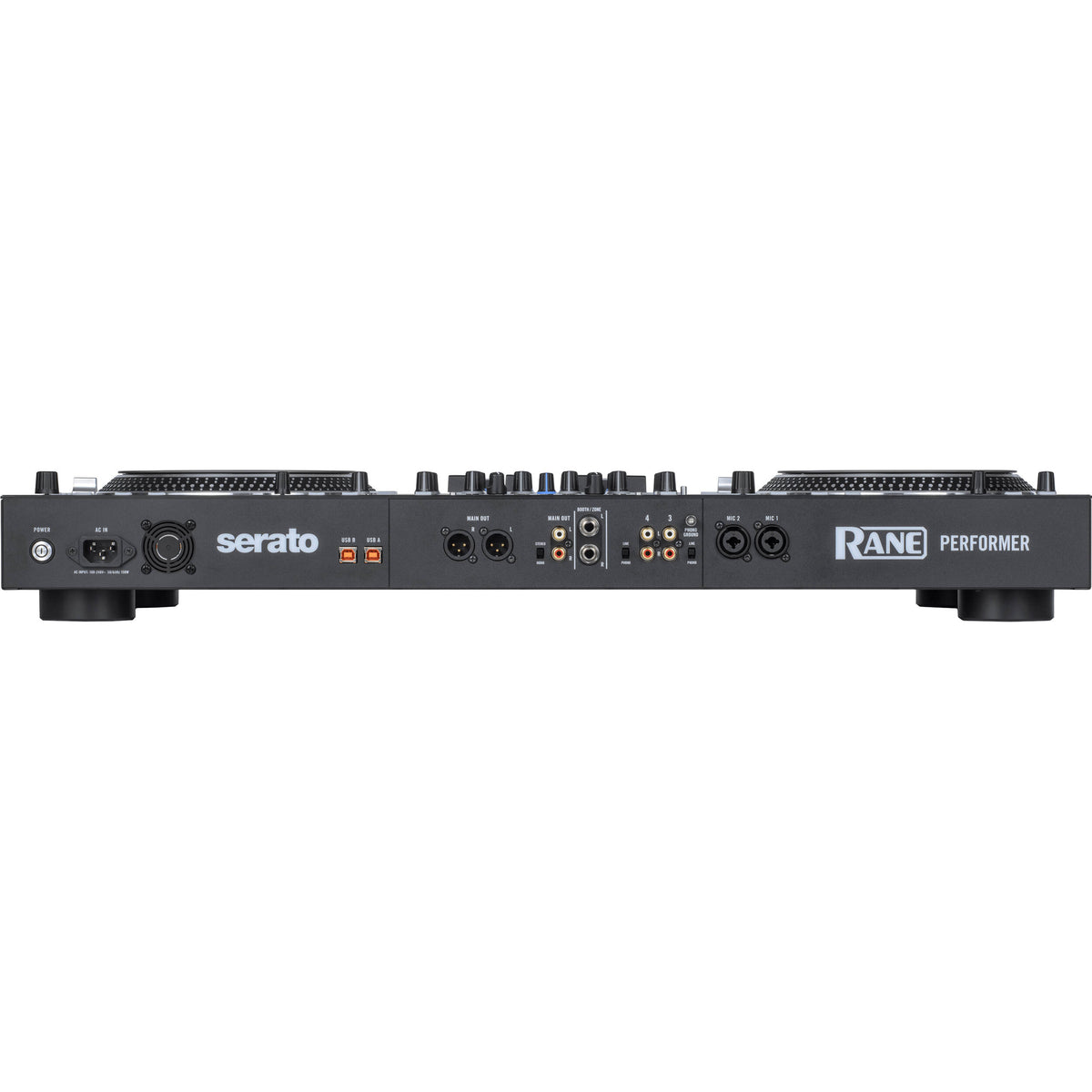 Rane Performer DJ controller with jog wheels, mixer knobs, and control buttons for professional music mixing and mixing.