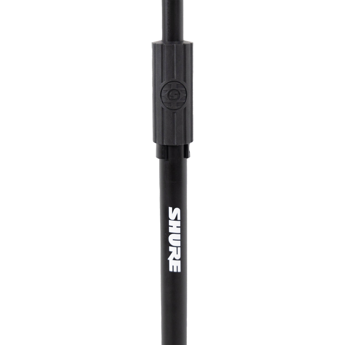 Shure floor microphone stand with adjustable height and sturdy base, designed for professional audio and stage use.