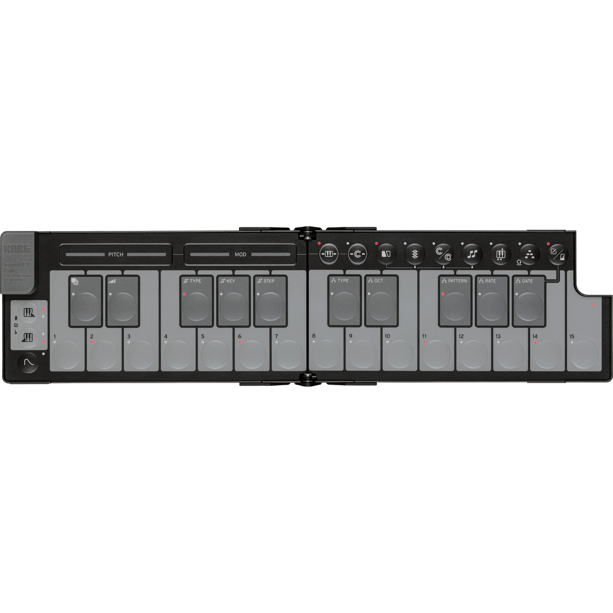 Black Korg nanoKEY Fold MIDI controller with compact, foldable design and key layout for music sequencing and music production.