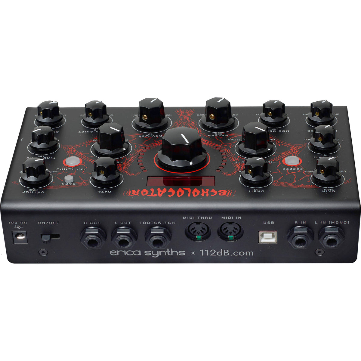 Erica Synths Echolocator effects pedal with interface, knobs, and switches for sound modulation and echo effects.