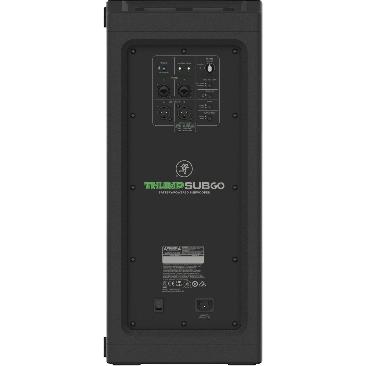 Mackie ThumpSub GO portable subwoofer with compact design and built-in handle, ideal for enhanced bass in live sound setups.