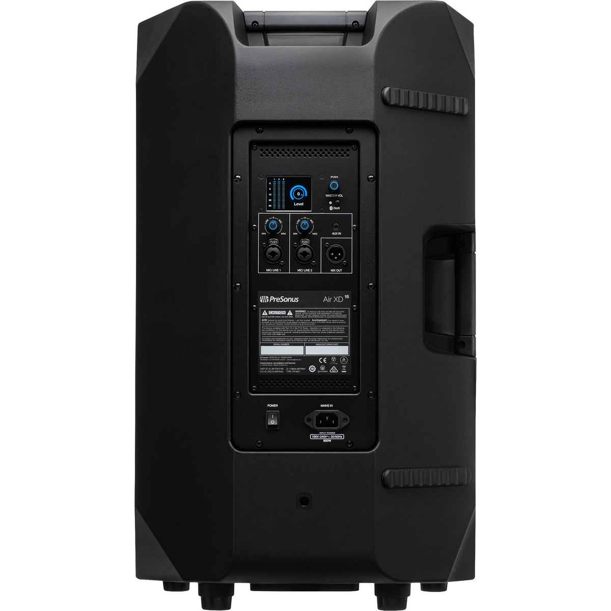 Presonus Air XD 15 active loudspeakers with sleek black design and control panels, ideal for professional audio setups.