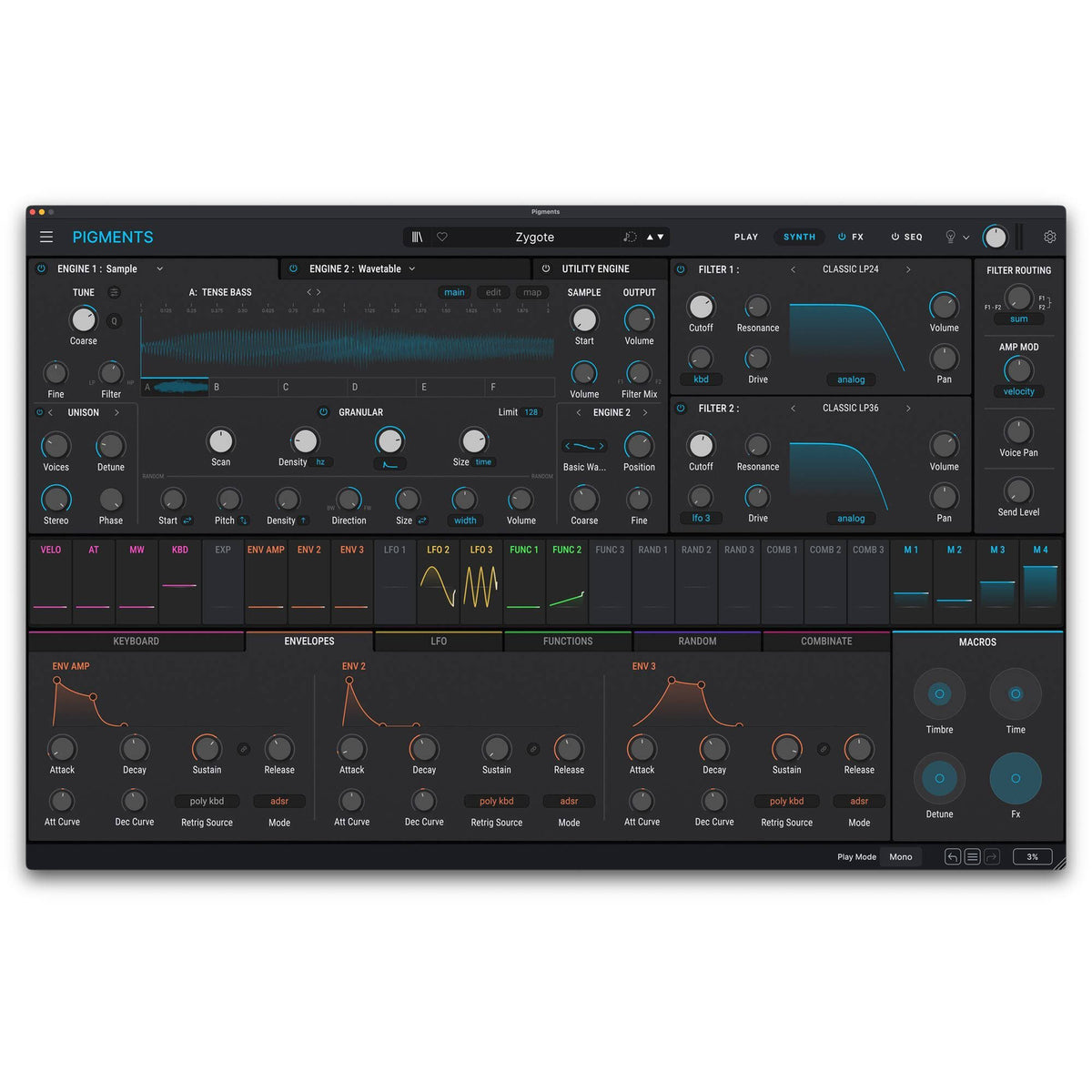 Arturia Pigments 7 virtual instrument plugin interface with colorful waveform displays and modulation controls.