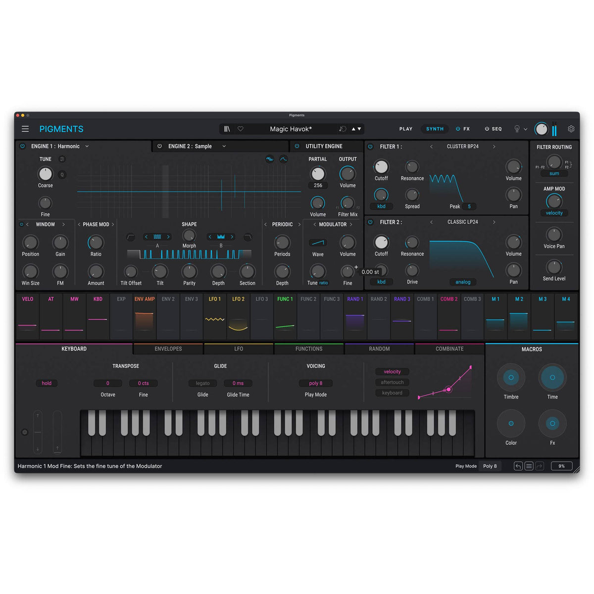 Arturia Pigments 7 virtual instrument plugin interface with colorful controls and waveforms on a digital screen.