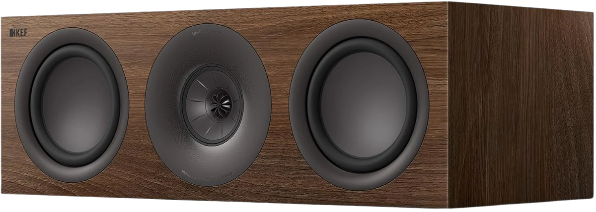 KEF Q6 Meta center speaker showing sleek black design and speaker grille for home theater audio setup.