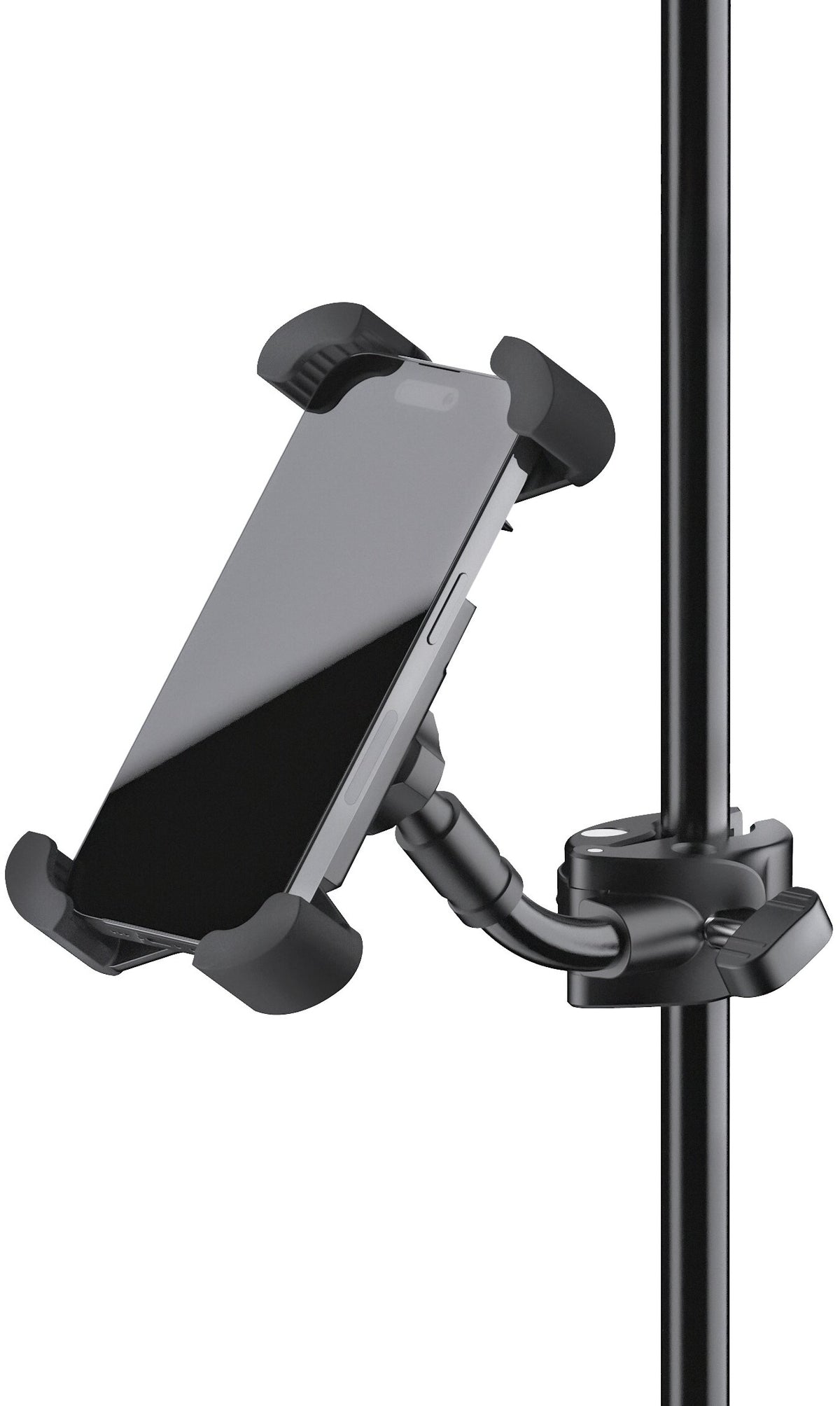 K&M 19755 smartphone holder attached to microphone stand, adjustable clip for securing smartphones during multimedia recording.