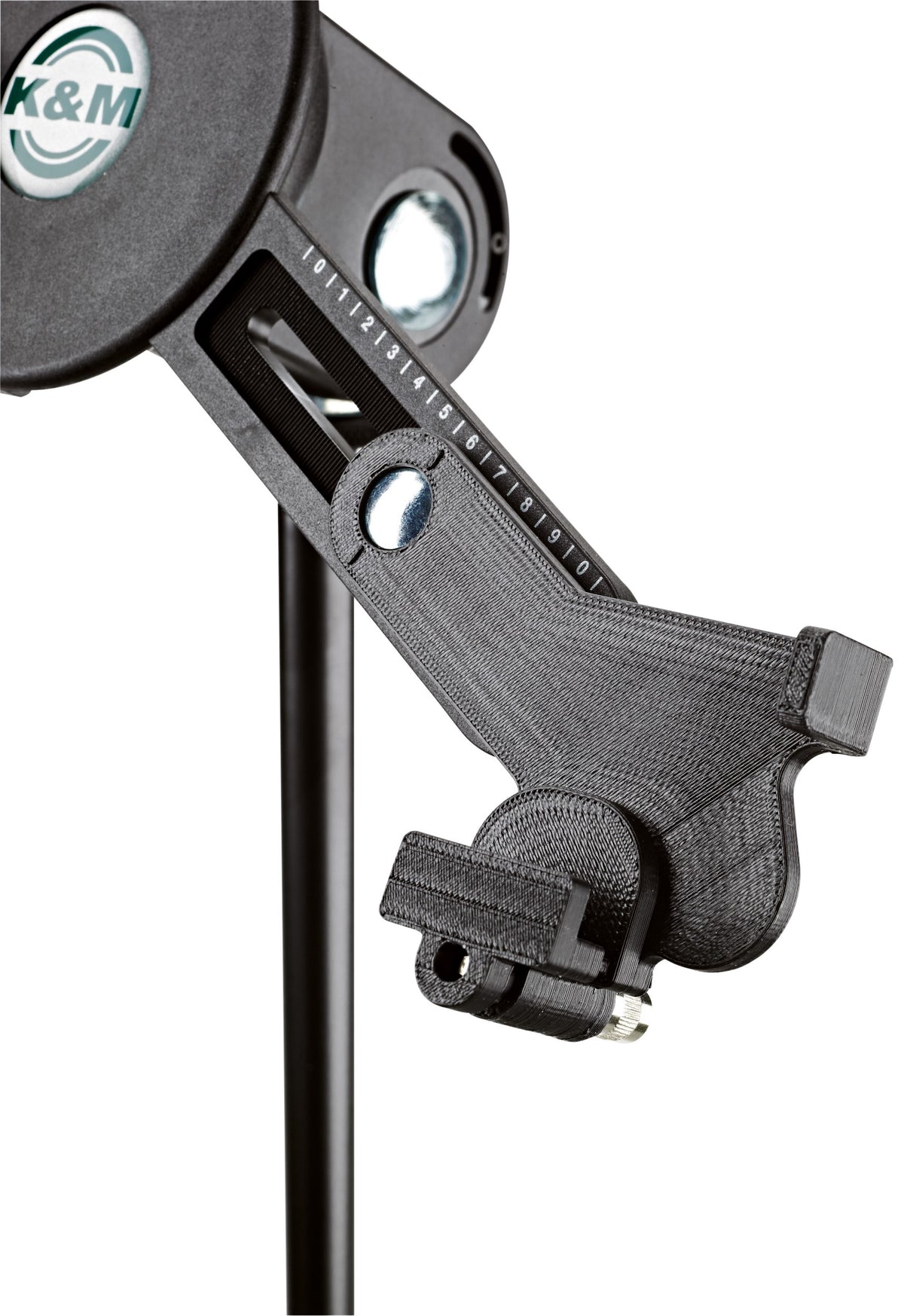 K&M 19790 multimedia microphone stand with adjustable arm and sturdy base for professional audio setup.