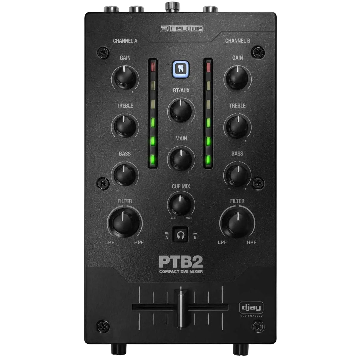 Reloop PTB-2 DJ mixer with multiple knobs, sliders, and input/output ports, designed for professional DJ mixing.