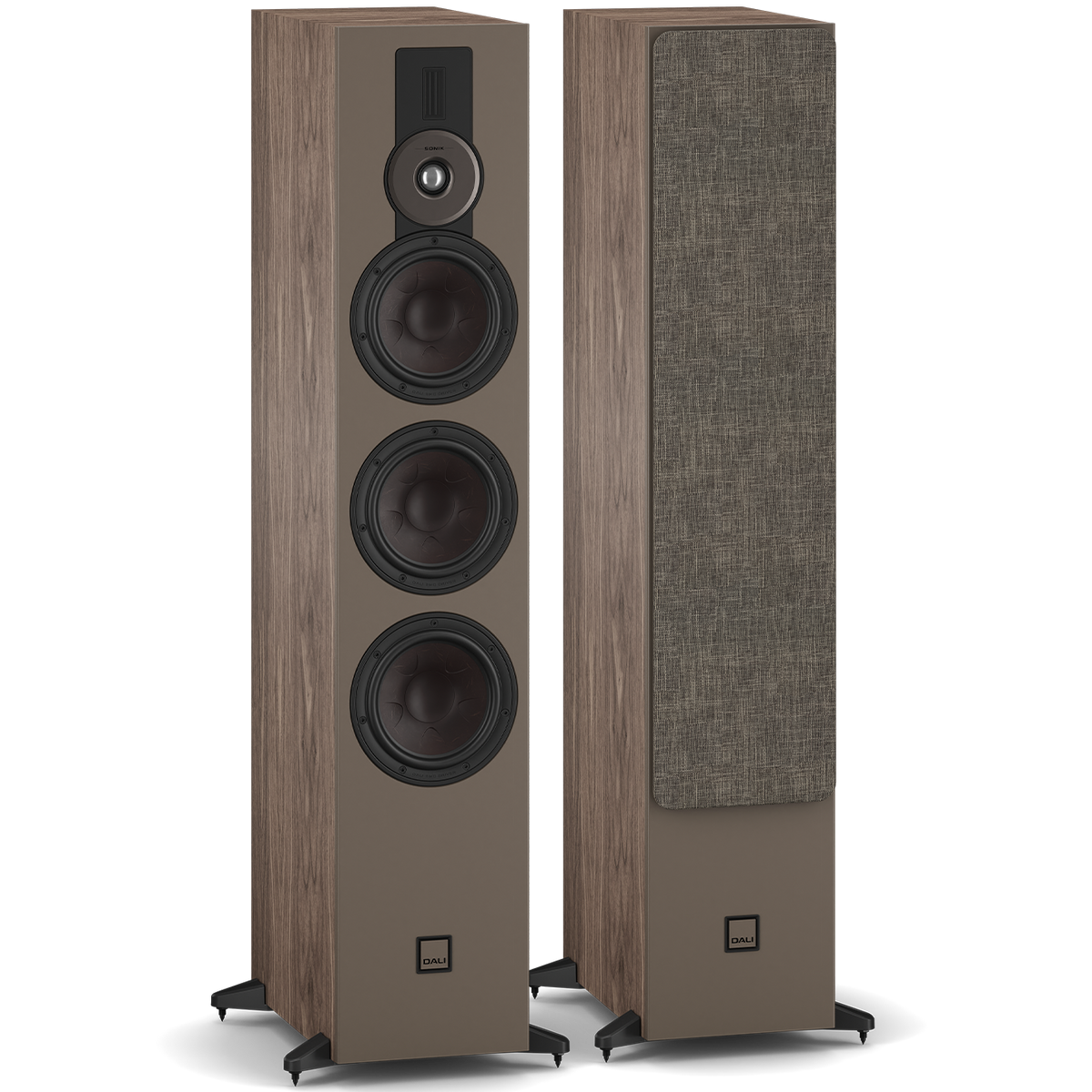 DALI Sonik 9 passive floorstanding speakers with sleek black cabinets and multiple drivers for high-quality sound.