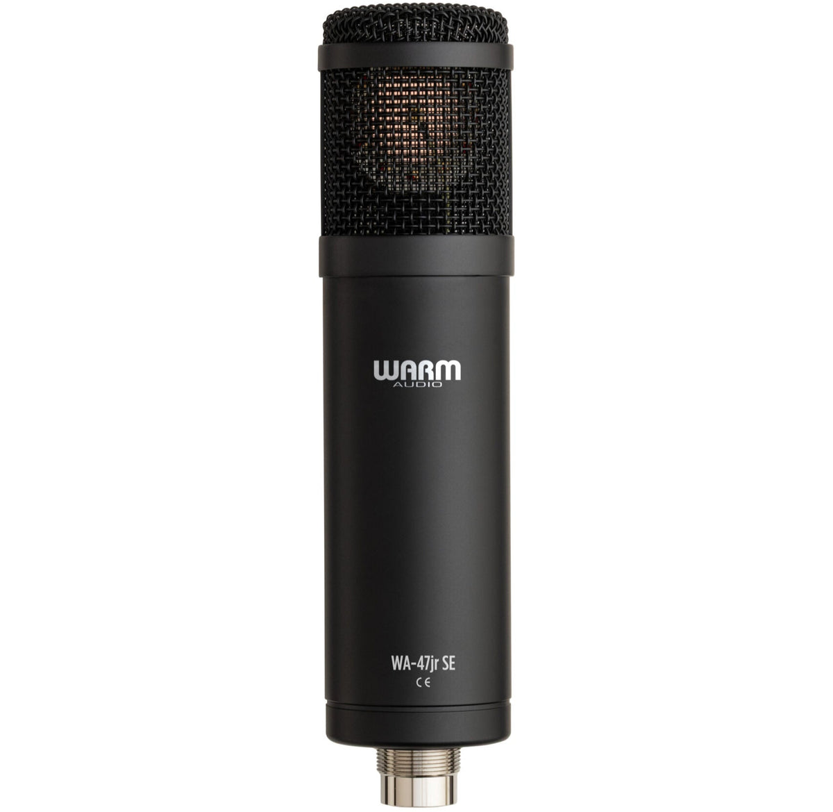Warm Audio WA-47jr SE condenser microphone in black, showing a close-up of the compact, professional-grade microphone design.