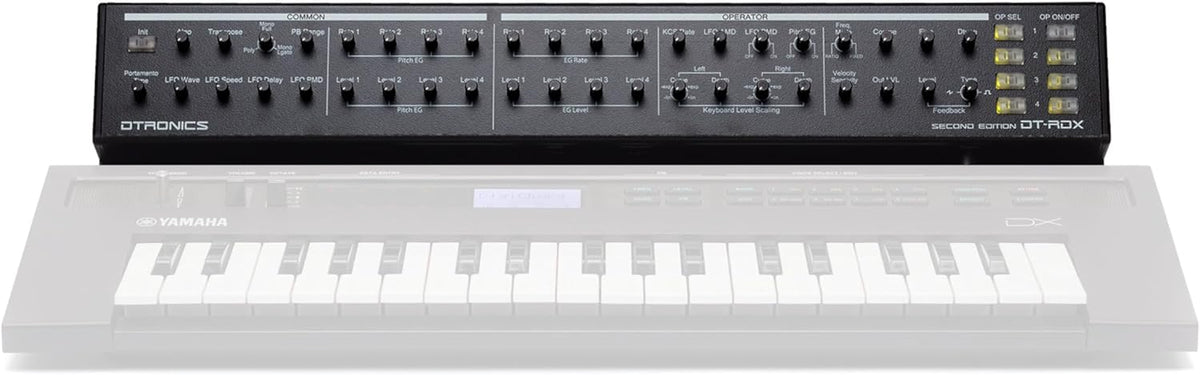 Dtronics DT-RDX-V2 synthesizer with keyboard, control knobs, and display screen, showcasing its electronic interface and layout.