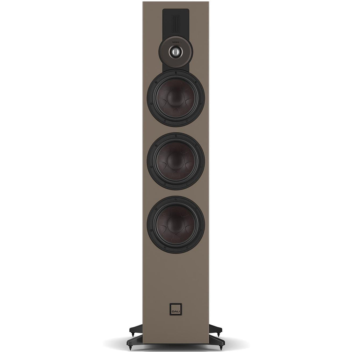 DALI Sonik 9 passive floorstanding speakers with sleek black cabinets and multiple drivers for immersive stereo sound.