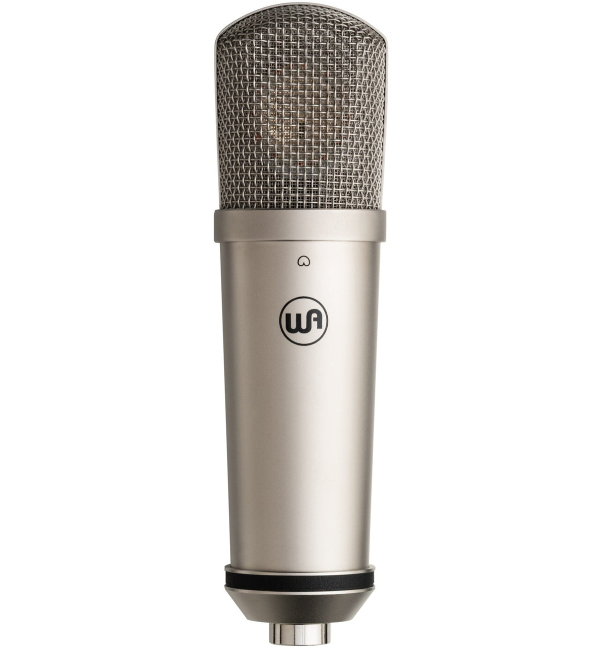 Warm Audio WA-87jr SE condenser microphone with nickel finish, front view showcasing its sleek design and professional build.
