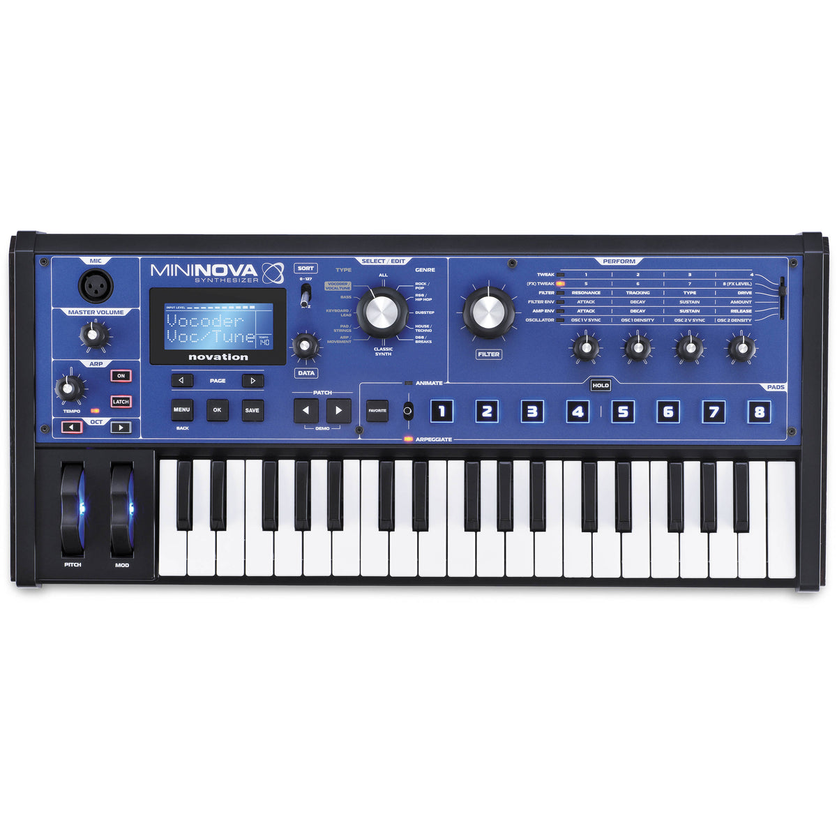 Novation MiniNova synthesizer with colorful knobs and buttons, compact design, and digital display on a black background.