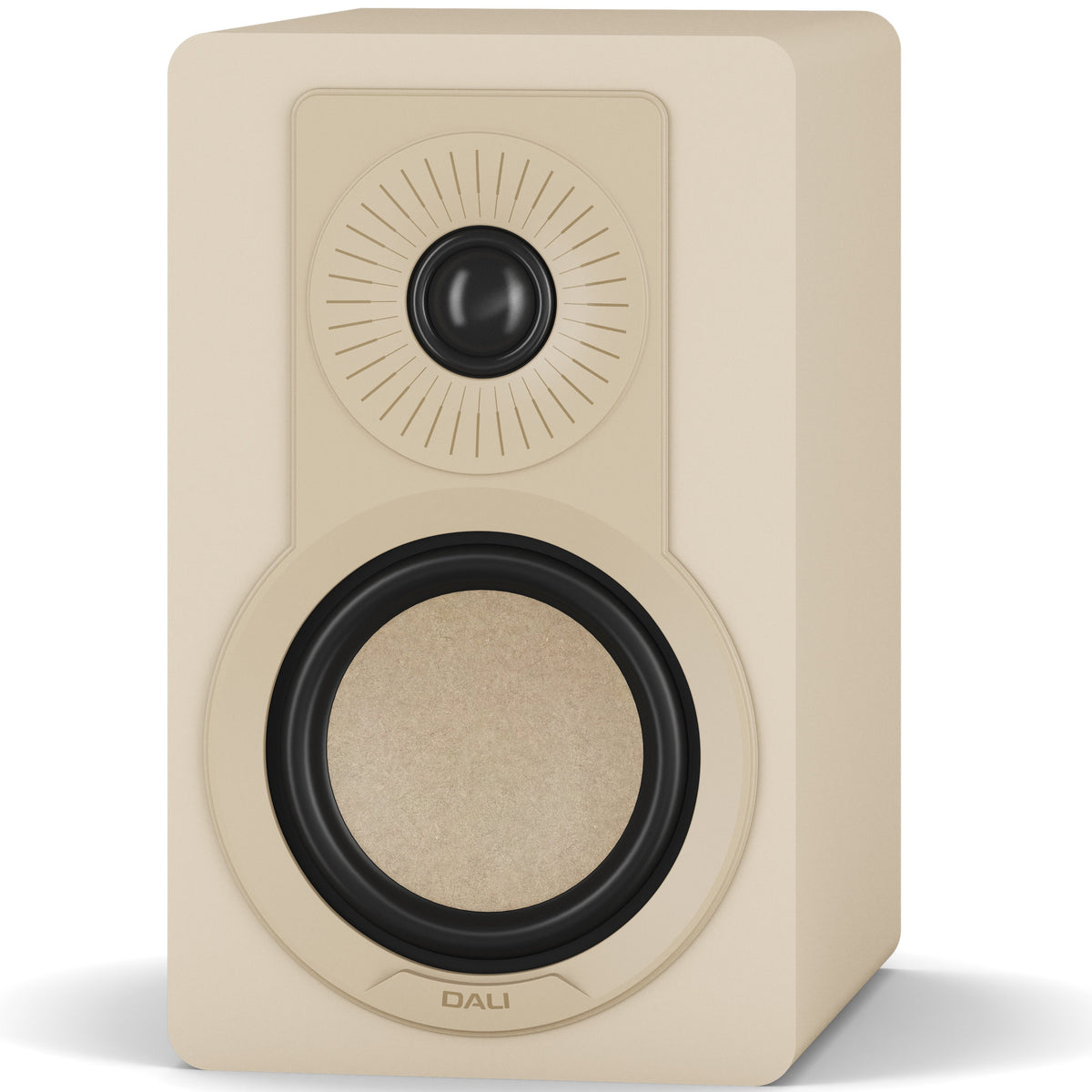 DALI Kupid passive bookshelf speakers with caramel white grille, showcasing sleek design and compact size for home audio.