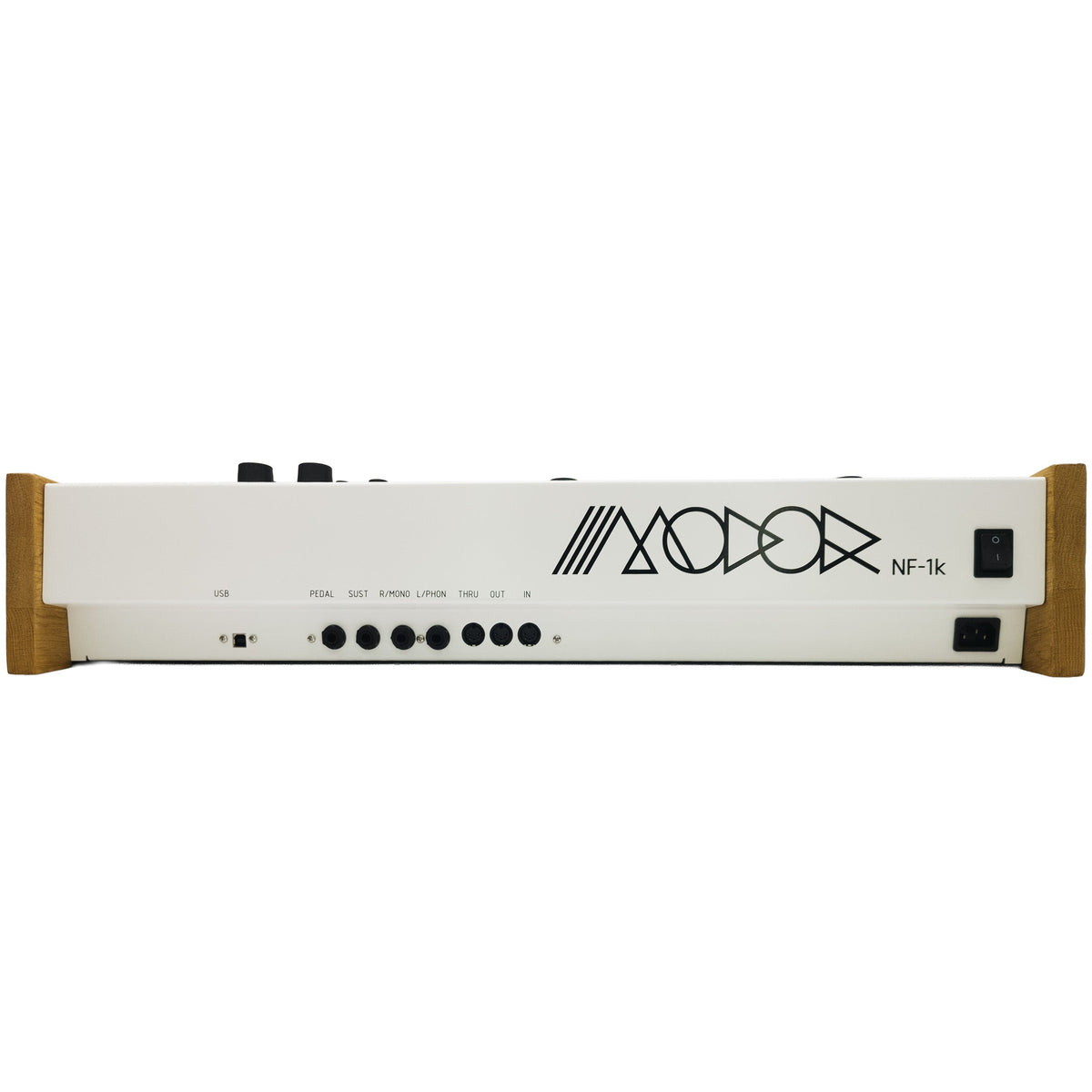 Modor NF-1k keyboard synthesizer with black controls and display, showing various knobs and buttons on a sleek electronic music device.