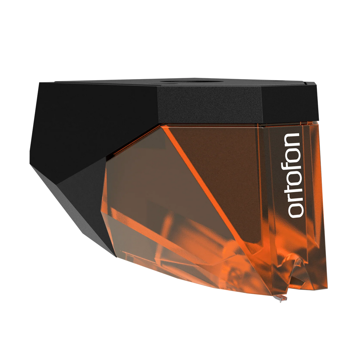 Ortofon 2M Bronze turntable cartridge with stylus, angled to the right, showcasing high-quality audio equipment.