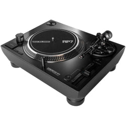 Reloop RP-7 DJ turntable with black platter, tonearm, and control knobs, designed for professional DJ use.