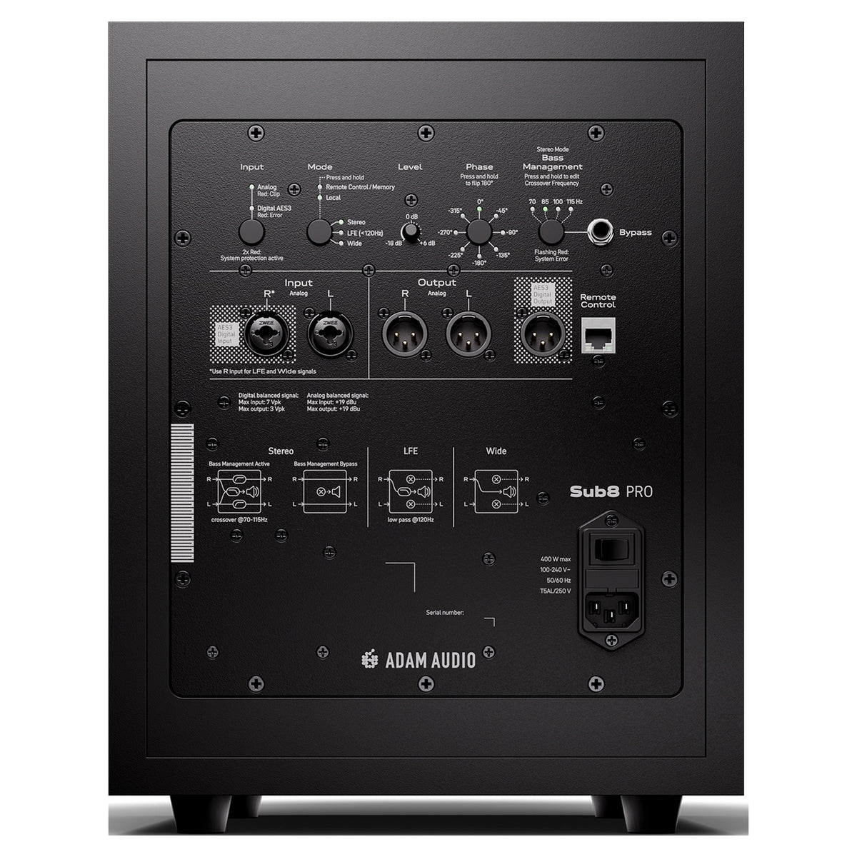 Adam Audio Sub8 PRO, rear panel with XLR/TRS combo, AES3 and Ethernet connections