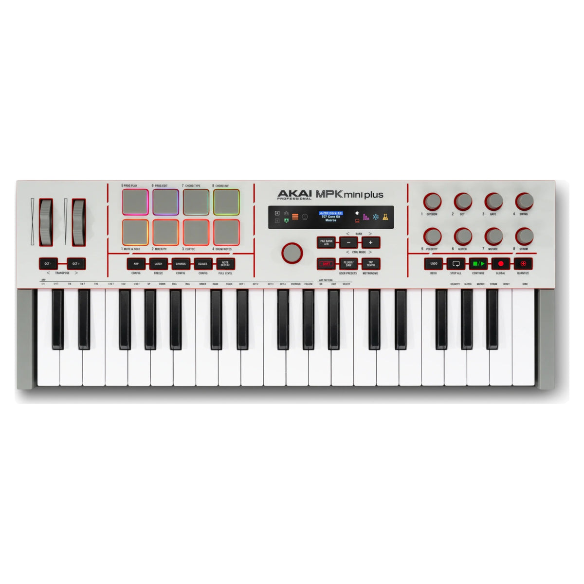 Akai Professional MPK Mini Plus II, top view of pads, display and encoders
