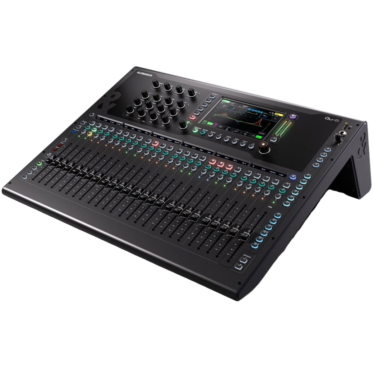 Allen & Heath Qu-6 digital mixer with angled view, featuring multiple input knobs, screens, and control buttons for professional audio mixing.