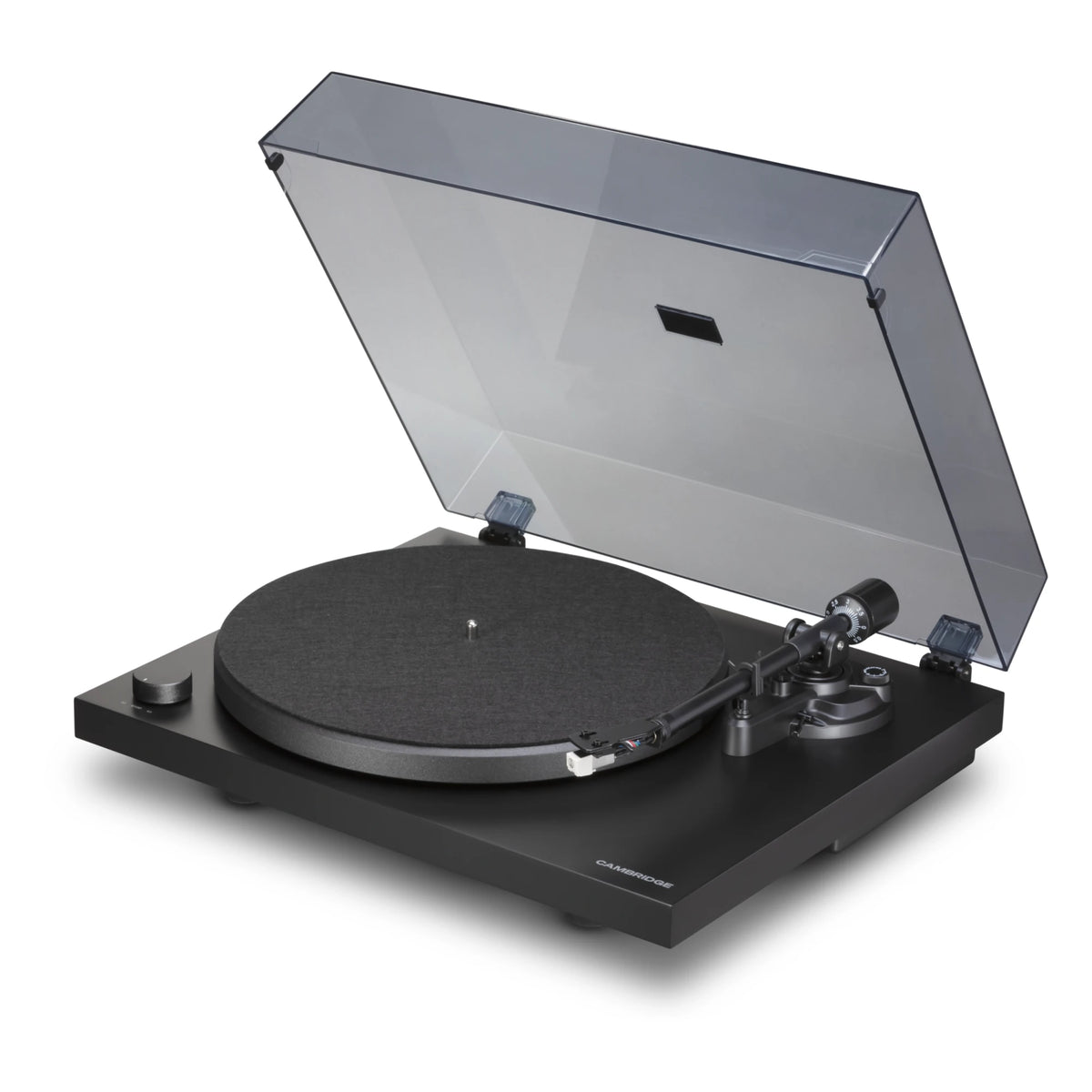 Cambridge Audio Spira turntable in Black, front three-quarter view with dust cover open