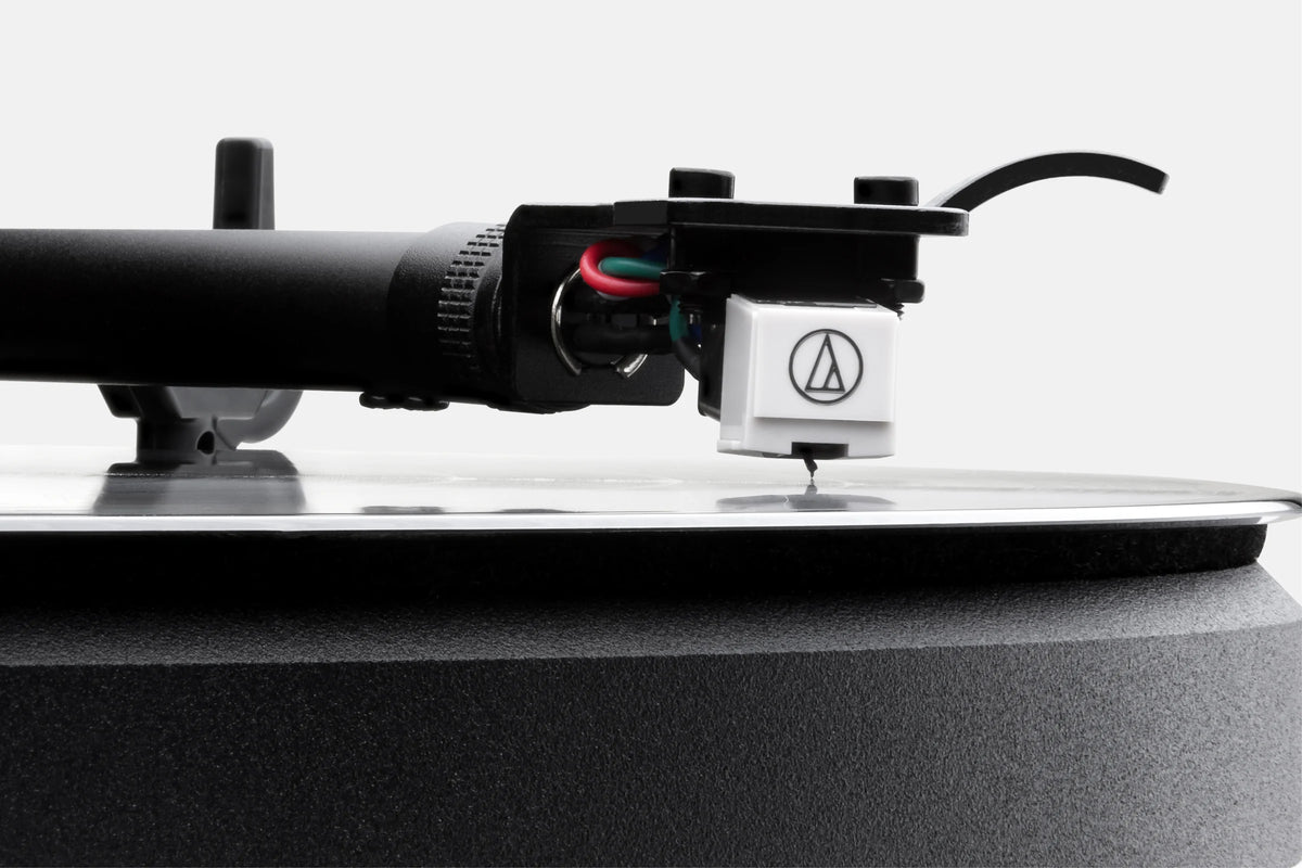 Close-up of the pre-fitted Audio-Technica AT3600L cartridge on the Cambridge Audio Spira tonearm