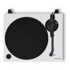 Cambridge Audio Spira turntable in White, top-down view of platter and tonearm