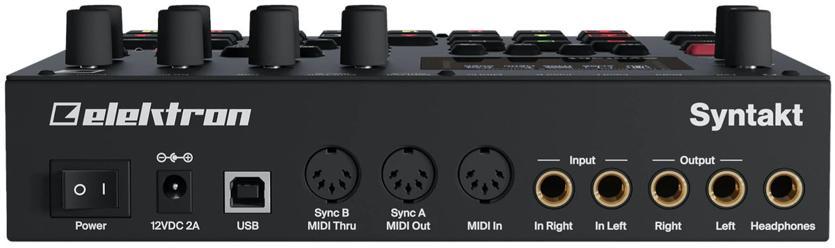 Elektron Syntakt drum machine and sampler with multiple input/output ports and control knobs on the back panel.