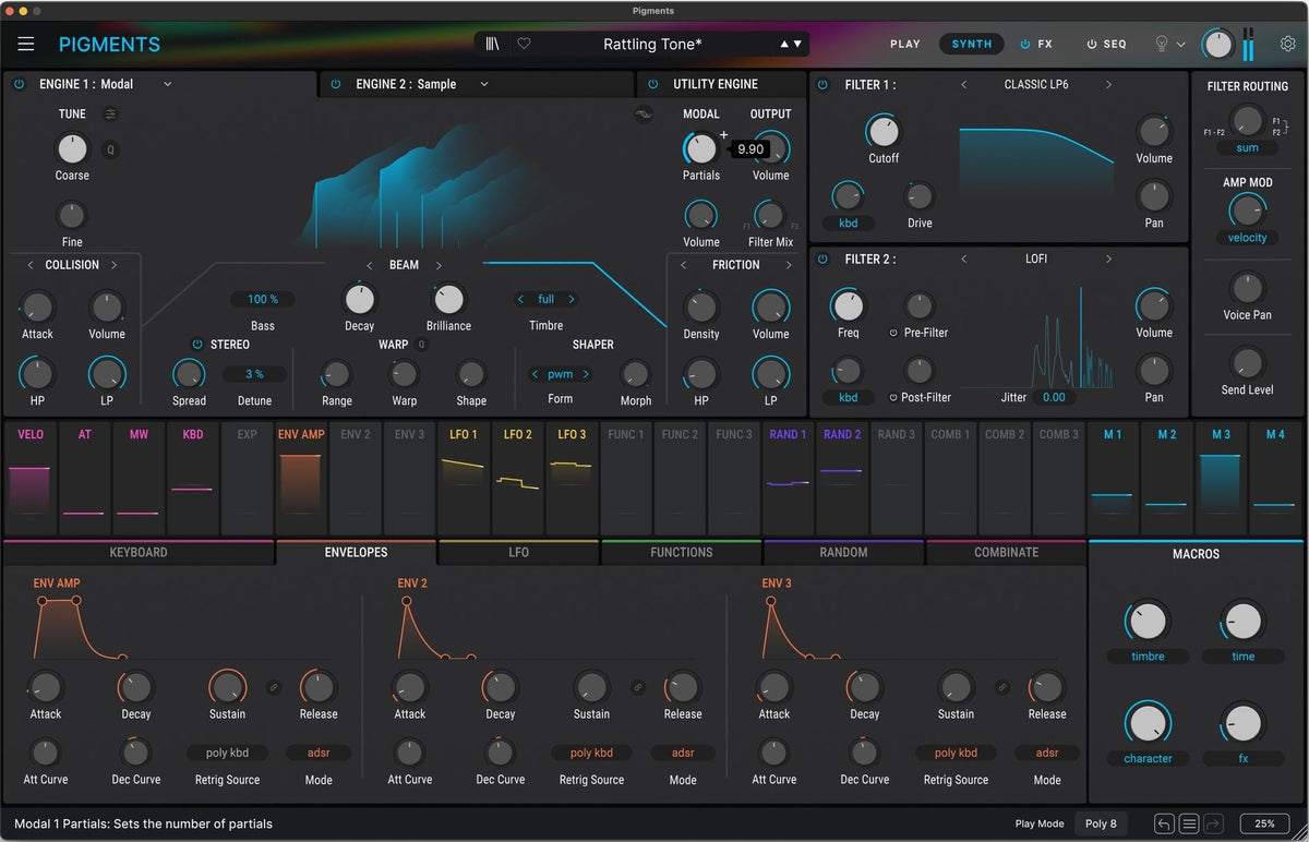 Arturia Pigments 6 music production software interface showing envelopes and modulation controls on a digital screen.