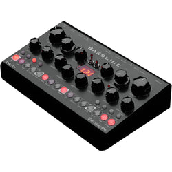 Erica Synths Desktop Bassline DB-01 synthesizer with knobs and patch points, compact desktop design for bass sound creation.