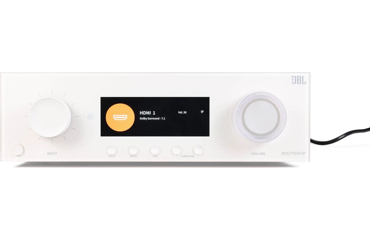 JBL MA7100HP stereo amplifier with black metal casing and control knobs, designed for high-performance audio systems.