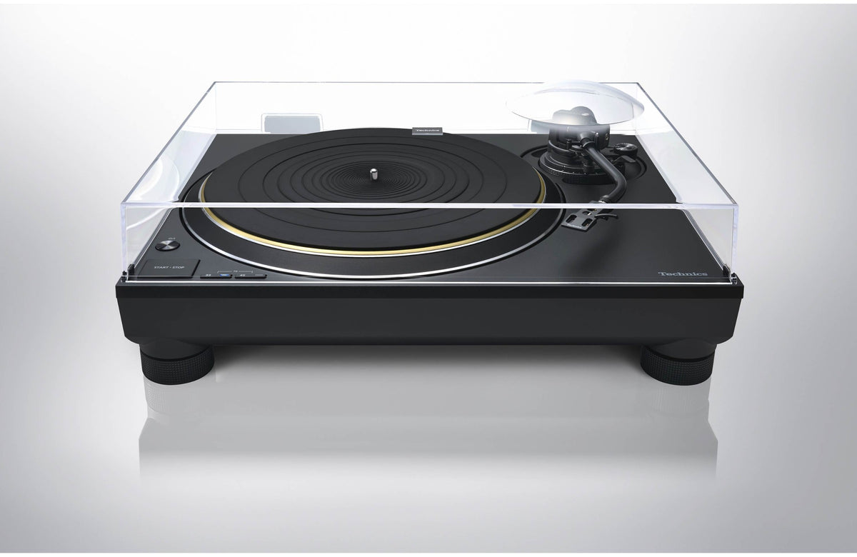 Technics SL-1300G turntable with wooden plinth, tonearm and platter, showcasing a sleek, modern design for high-quality vinyl listening