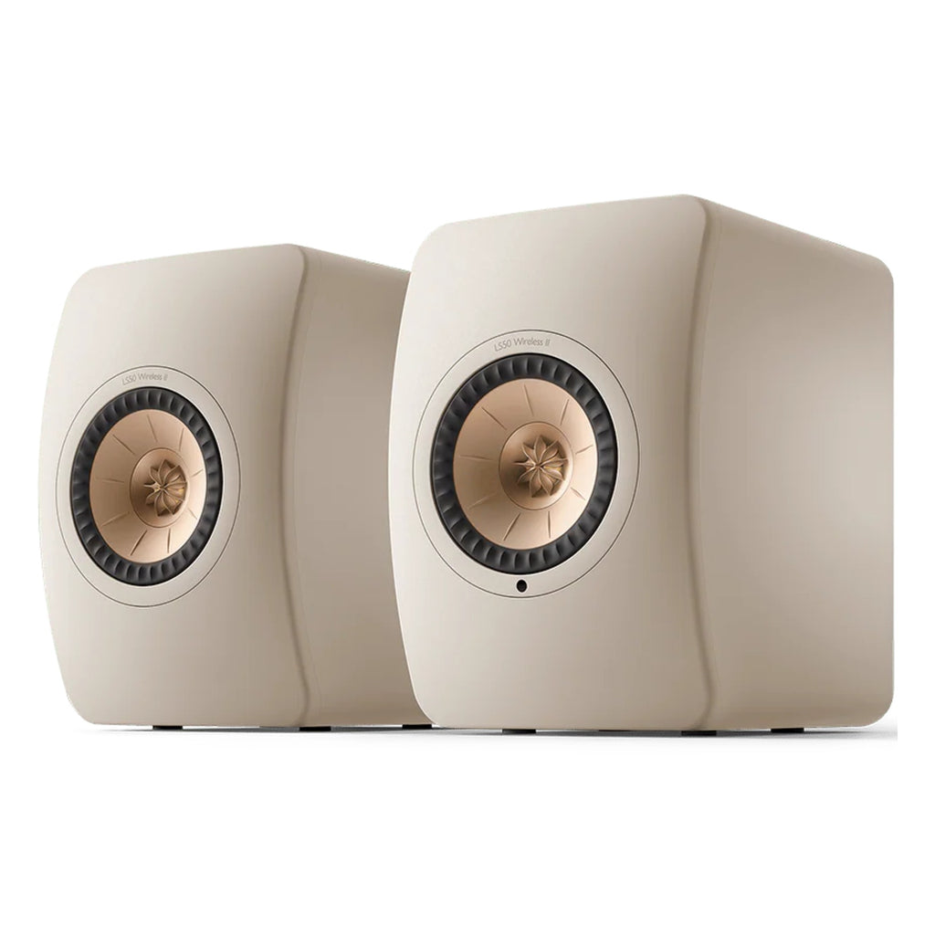 KEF LS50 Wireless II wireless speakers with sleek black finish and modern design, featuring high-quality audio drivers.