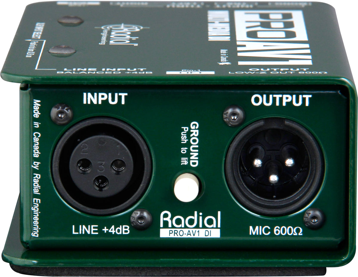 Radial Engineering PROAV1 DI box shown from the back, featuring input and output connections for professional audio applications.
