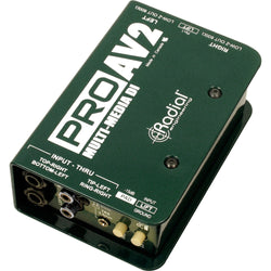 Radial Engineering PROAV2 DI box with rugged metal housing and XLR and 1/4-inch inputs for professional audio use.