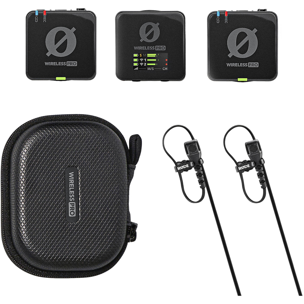 Rode Wireless PRO wireless microphone system, kit contents with charging case and lavalier mics